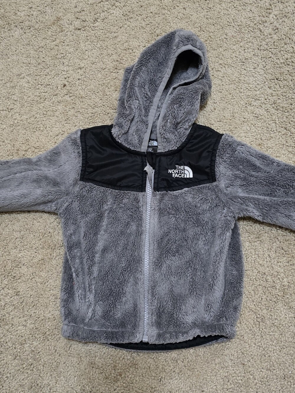 The North Face Kids Gray Hooded Plush Fleece Jacket with Black Yoke